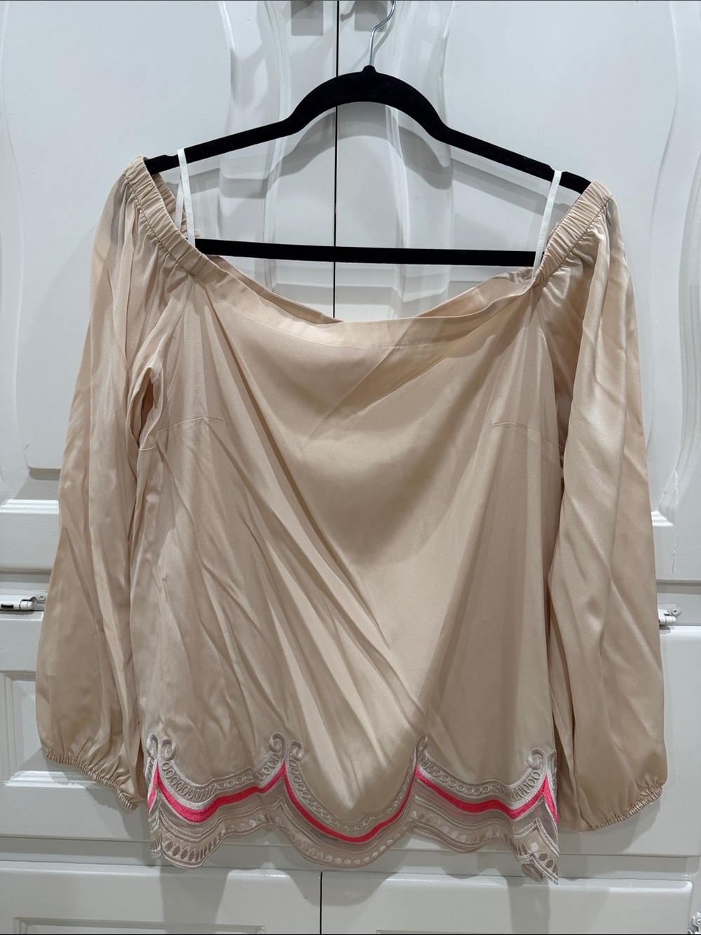 Lilly Pulitzer Beige Off-Shoulder Tunic with Pink Embroidered Hem